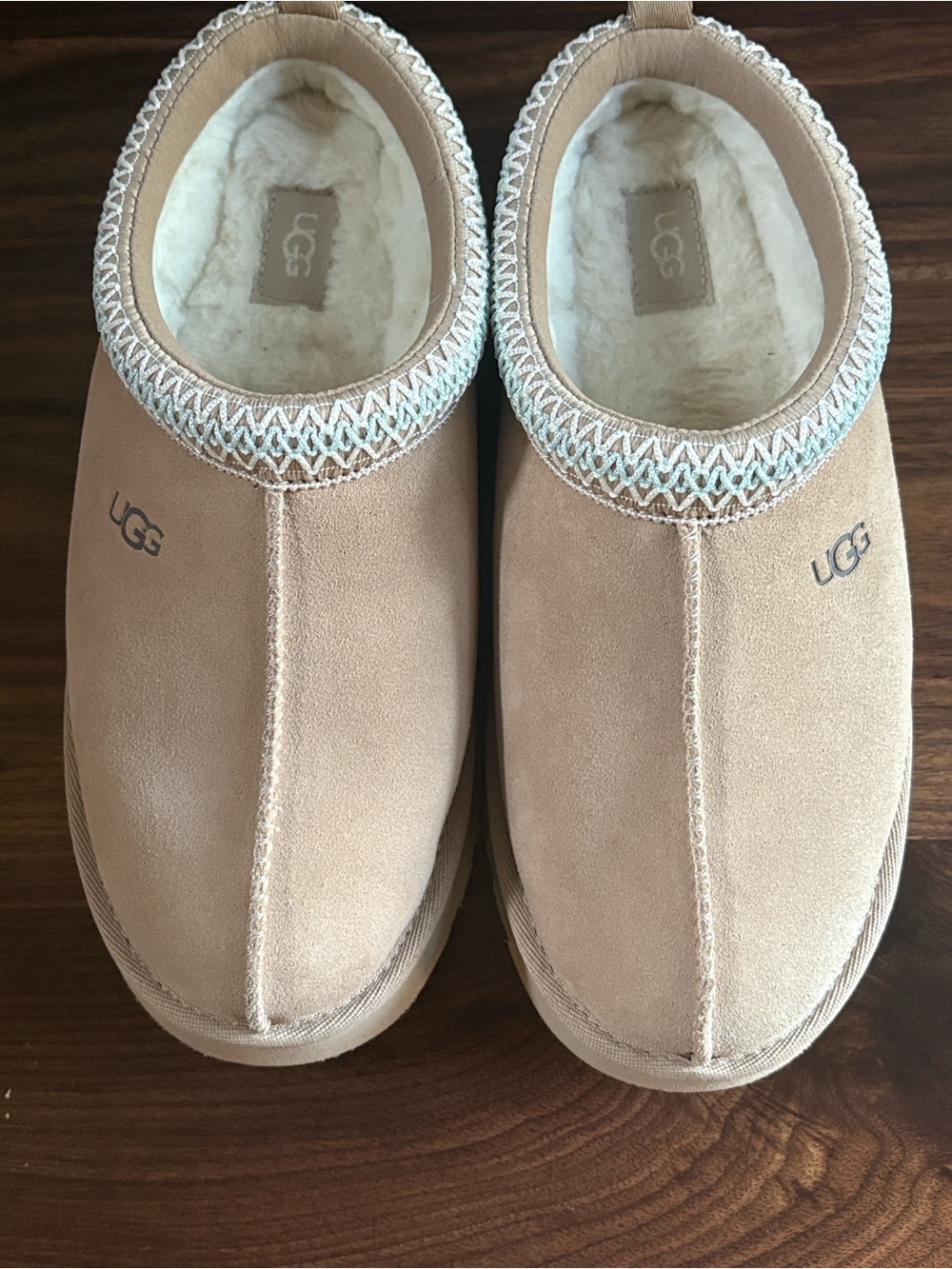 UGG Girls 5 Chestnut and Aqua Cozy Suede Slip-On Slippers VGUC